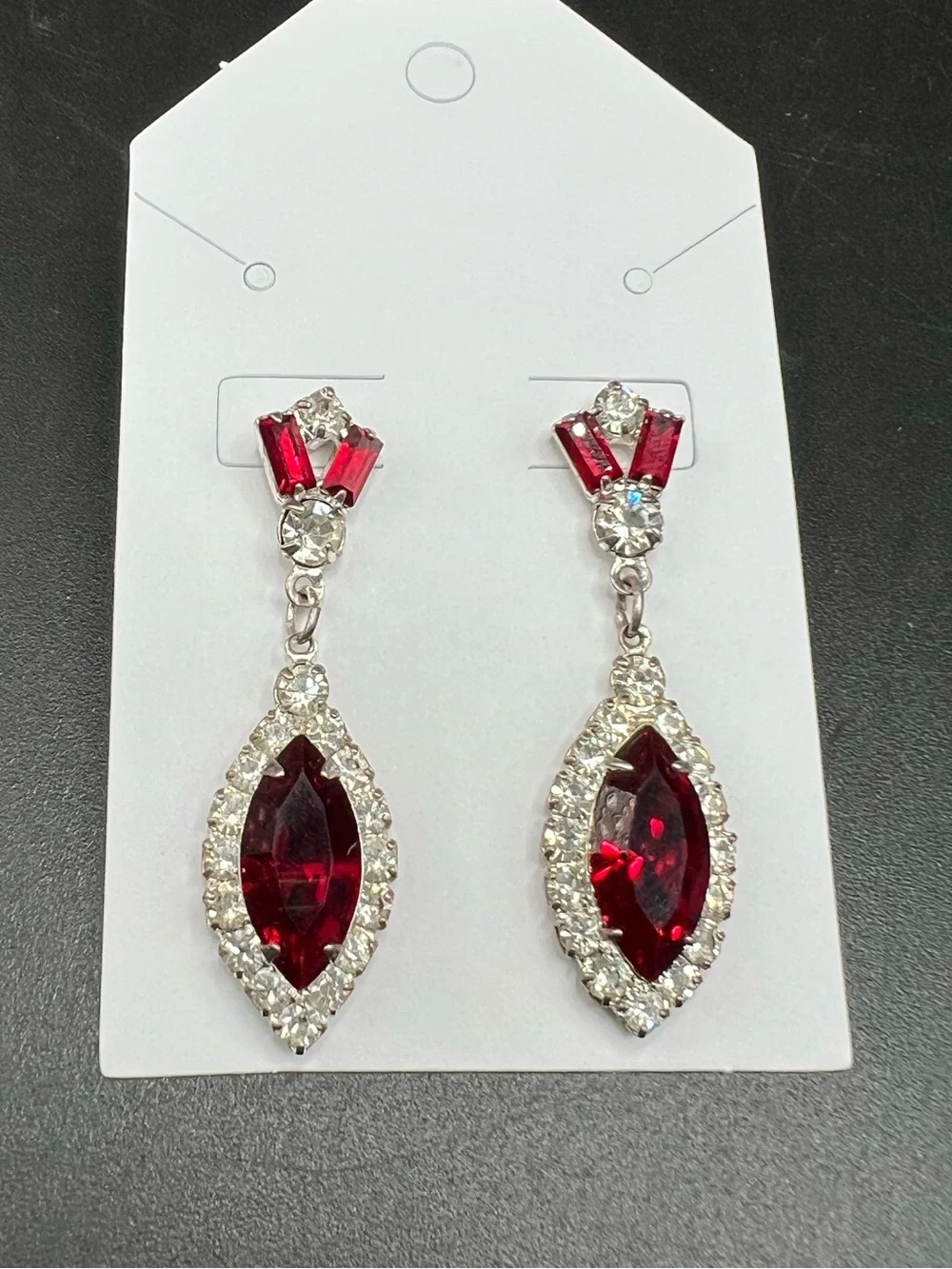 Vtg Red Rhinestone Dangle Earrings Silver Tone Marquise Glass Stones Art Deco